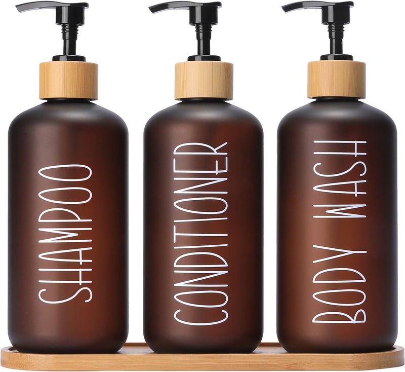MOMEEMO Amber Shower Dispenser Set, Contains 3 Extra-Thick PET Plastic Bottles with Bamboo Pumps, Shampoo and Conditioner Dispenser for Shower Perfect for Modern Bathroom Decor. (Amber) - Image 1